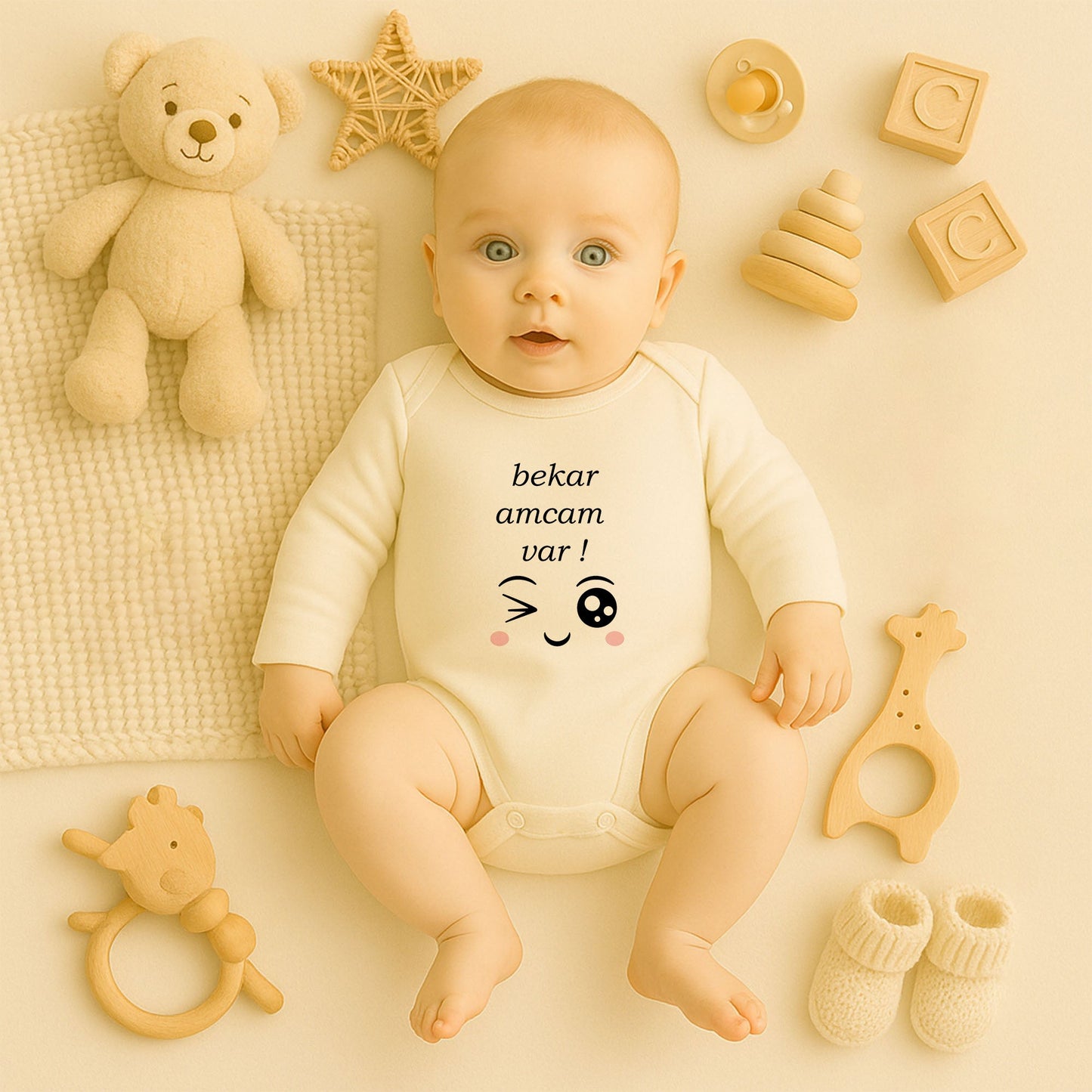 “Bekar Amcam Var” Baskılı Bebek Zıbını – 1–36 Ay | Eğlenceli Tasarım