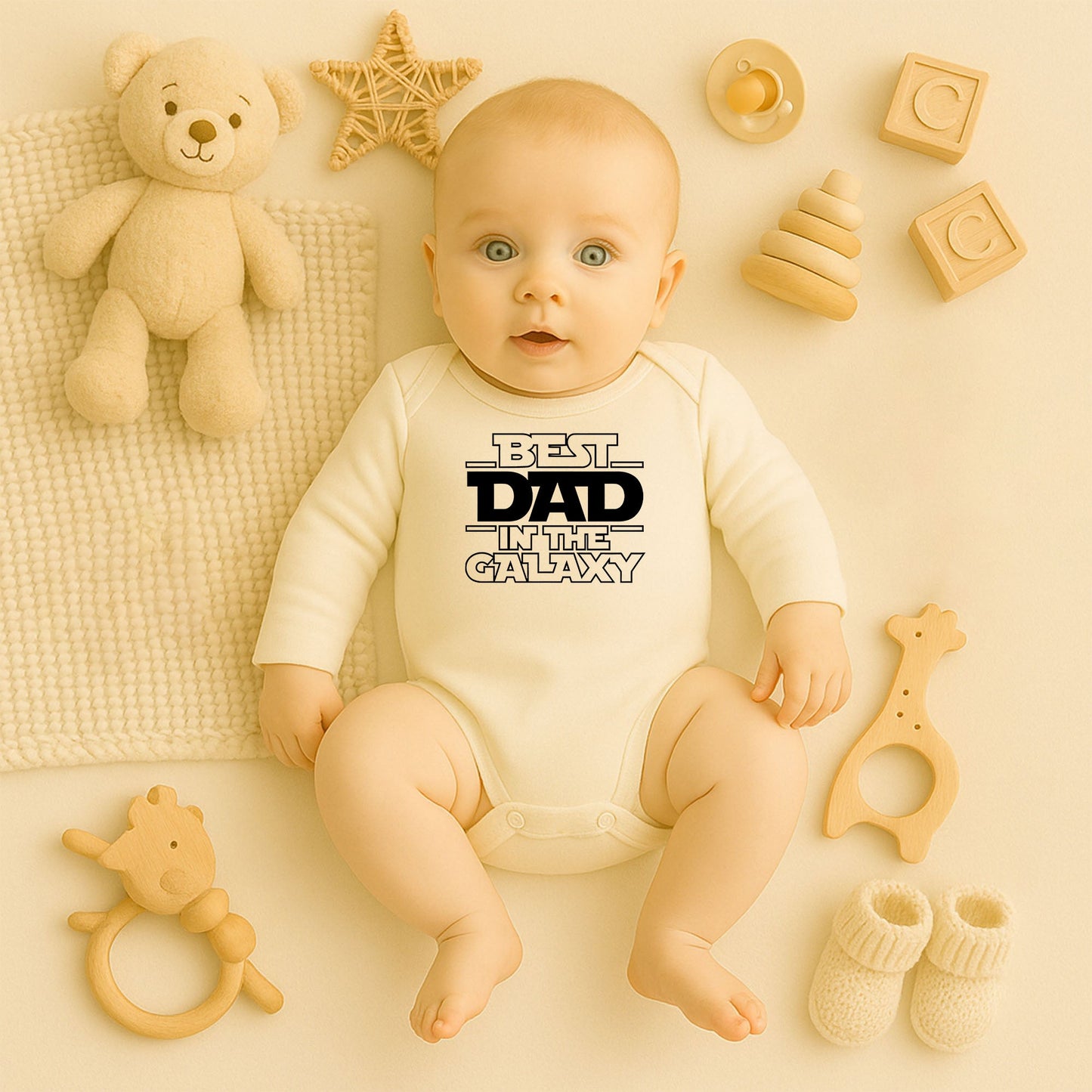 “Best Dad in the Galaxy” Yazılı Bebek Zıbını – 1–36 Ay | Baba Temalı DTF Baskı