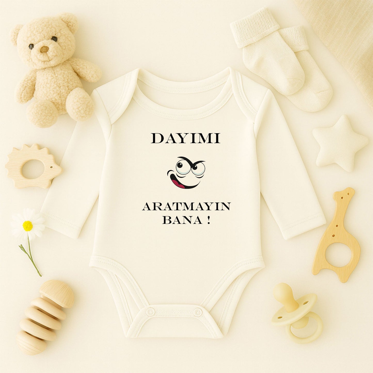 “Dayım Aratmayan Bana!” Yazılı Bebek Zıbını – 1–36 Ay | Eğlenceli Tasarım, DTF Baskı