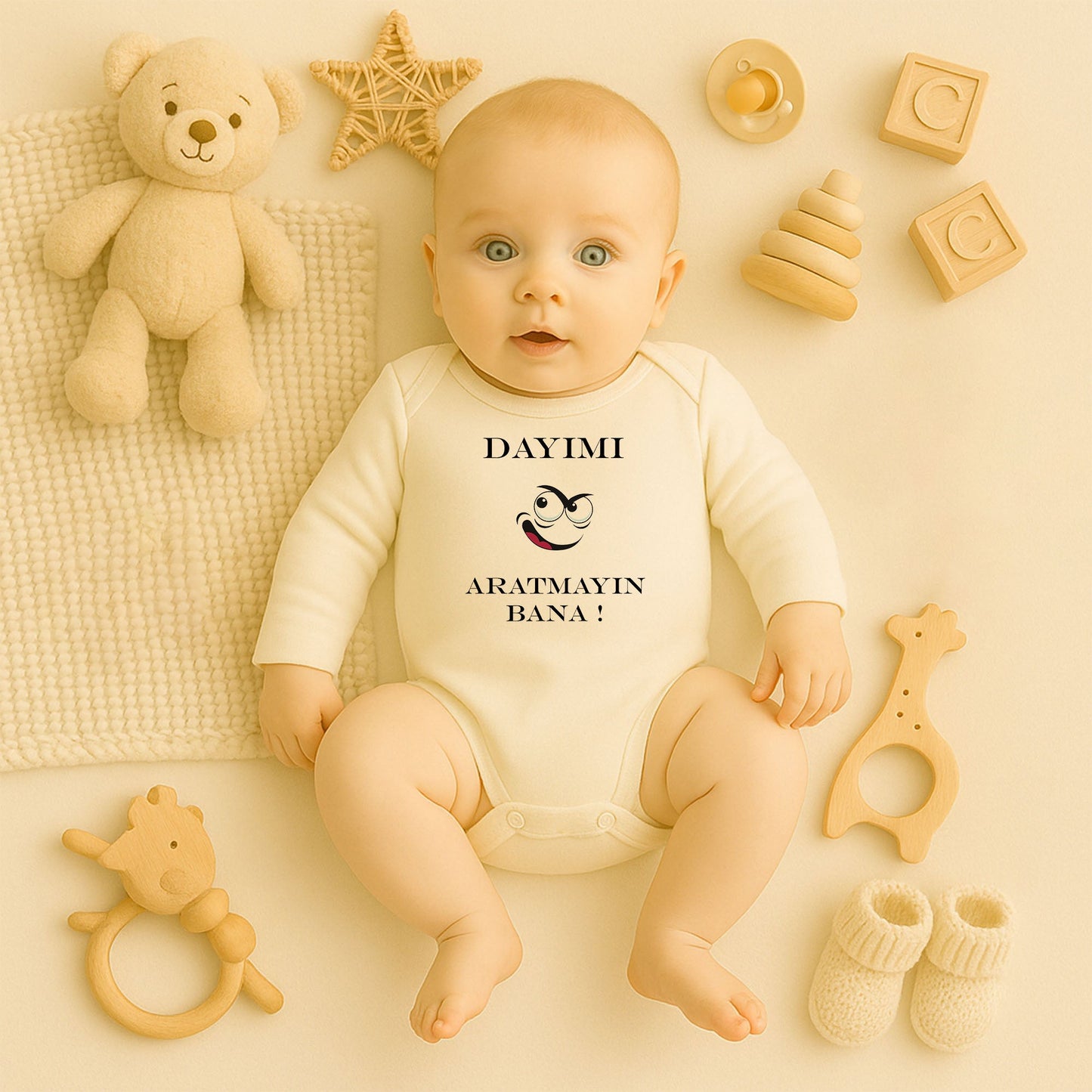 “Dayım Aratmayan Bana!” Yazılı Bebek Zıbını – 1–36 Ay | Eğlenceli Tasarım, DTF Baskı