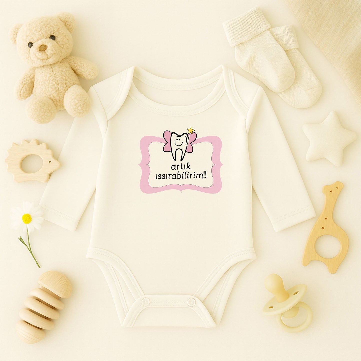 “Artık Isırabilirim!!” Yazılı Bebek Zıbını – 1–36 Ay | Diş Temalı Eğlenceli Tasarım, DTF Baskı