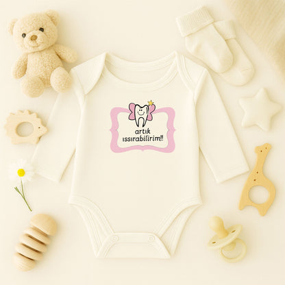 “Artık Isırabilirim!!” Yazılı Bebek Zıbını – 1–36 Ay | Diş Temalı Eğlenceli Tasarım, DTF Baskı