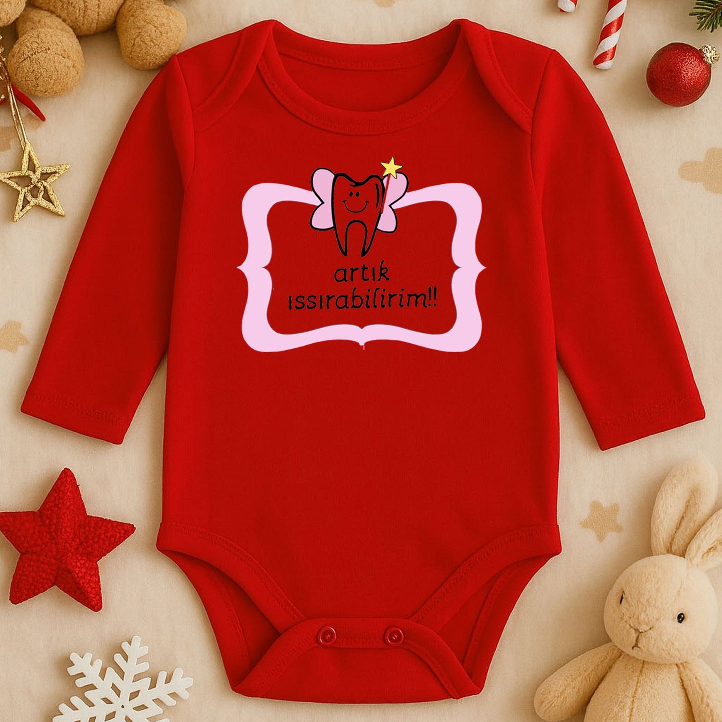 “Artık Isırabilirim!!” Yazılı Bebek Zıbını – 1–36 Ay | Diş Temalı Eğlenceli Tasarım, DTF Baskı