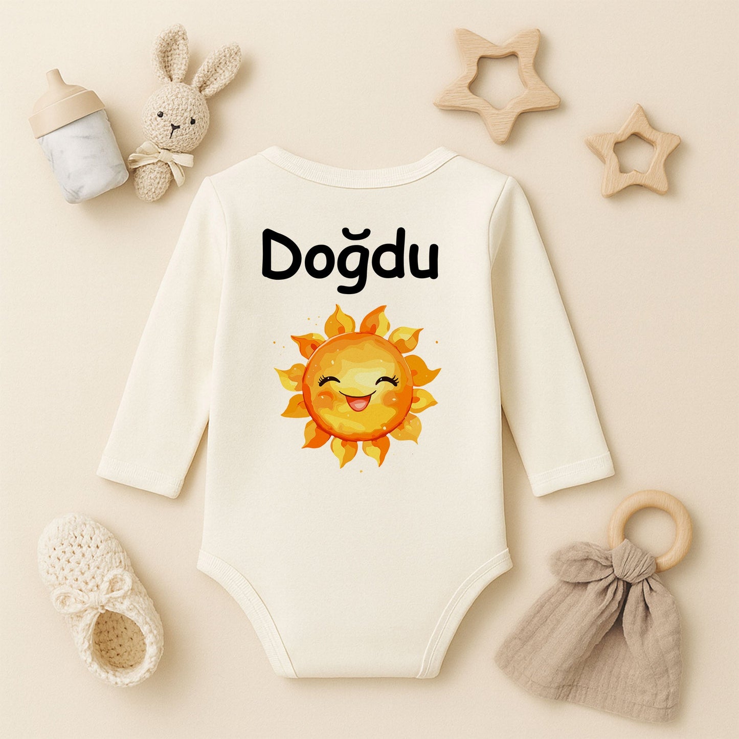 Gülen Güneş Temalı Kişiye Özel Bebek Zıbını – 1–36 Ay | Neşeli Tasarım, DTF Baskı