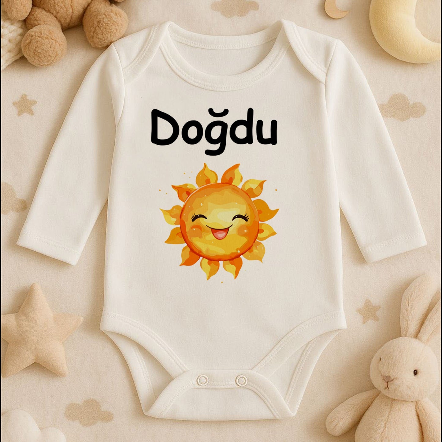 Gülen Güneş Temalı Kişiye Özel Bebek Zıbını – 1–36 Ay | Neşeli Tasarım, DTF Baskı