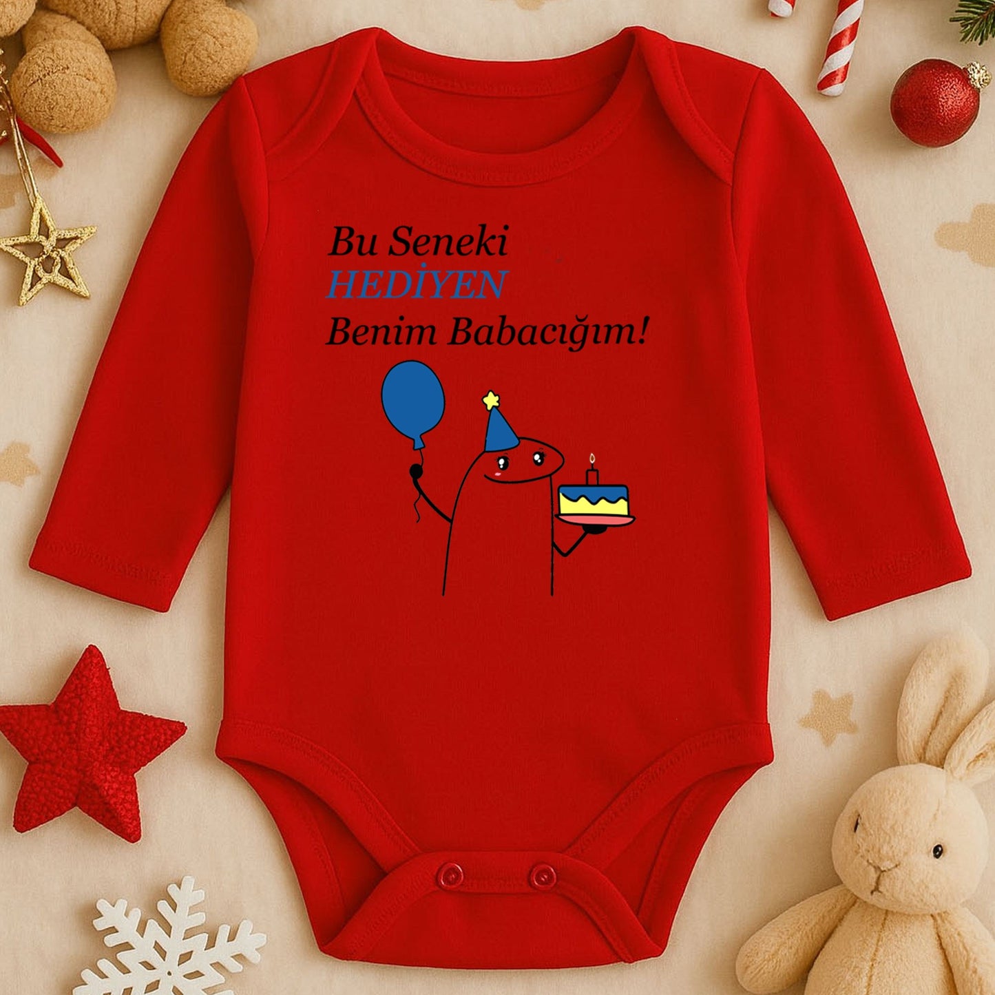 “HEDİYEN” Yazılı Doğum Günü Temalı Bebek Zıbını – 1–36 Ay | Eğlenceli Parti Tasarımı