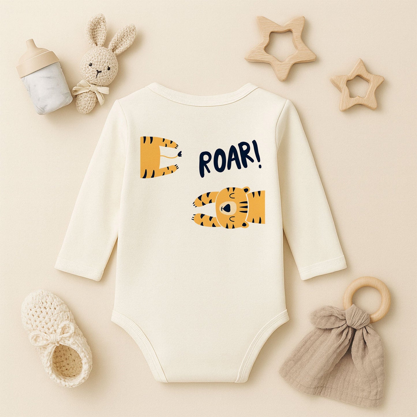 Roar Kaplan Tasarımlı Kişiye Özel Bebek Zıbını | 1–36 Ay, DTF Baskı, Hassas Cilt Uyumlu