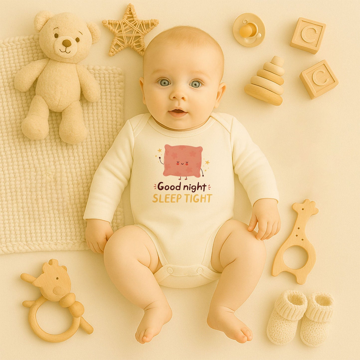 Good Night Sleep Tight Tasarımlı Bebek Zıbını | 1–36 Ay, DTF Baskı, Hassas Cilt Uyumlu