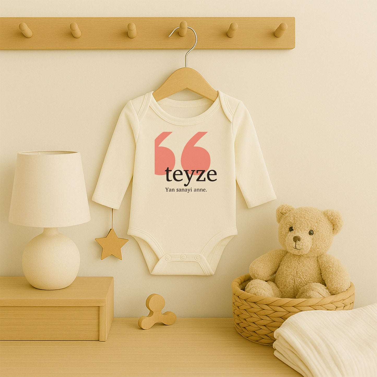 Teyze “Yan Sanayi Anne” Yazılı Bebek Zıbını | 1–24 Ay, DTF Baskı, Hassas Cilt Uyumlu