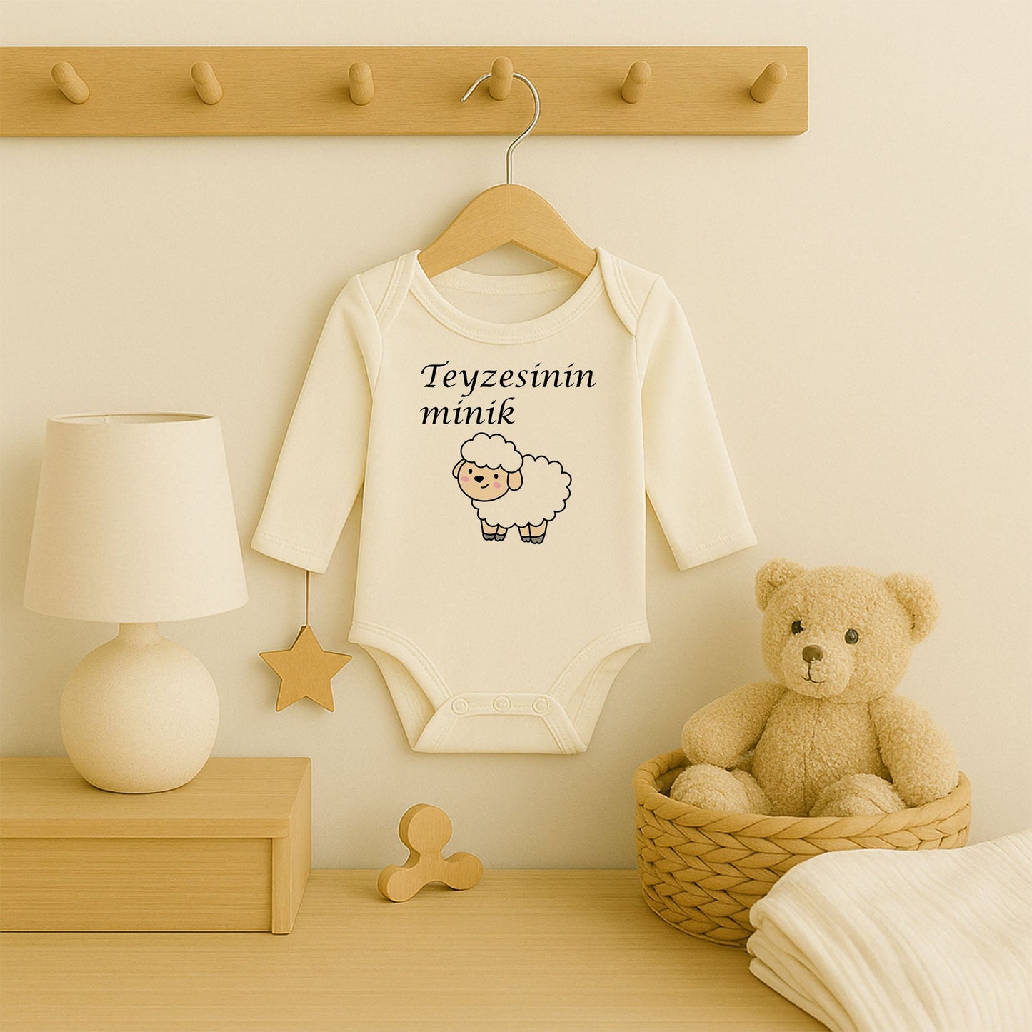 Beyaz Kuzu Tasarımlı Bebek Zıbını | 1–36 Ay, DTF Baskı, Hassas Cilt Uyumlu, Unisex