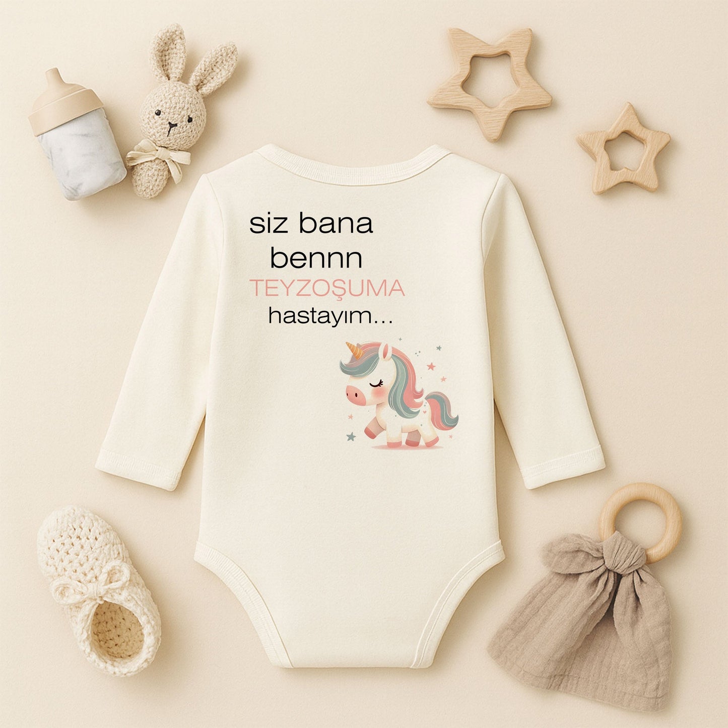 “Teyzoşuma” Unicorn Tasarımlı Bebek Zıbını | 1–36 Ay, DTF Baskı, Hassas Cilt Uyumlu
