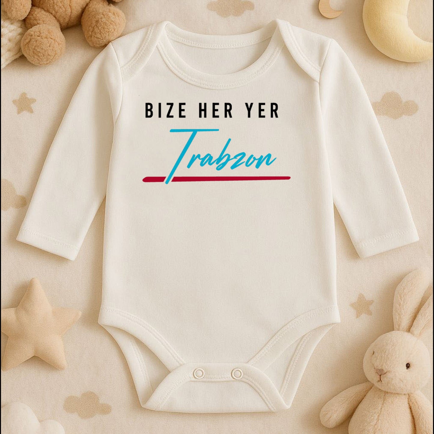 Trabzon Yazılı Bebek Zıbını | 1–36 Ay, DTF Baskı, Hassas Cilt Uyumlu Şehir Temalı Zıbın
