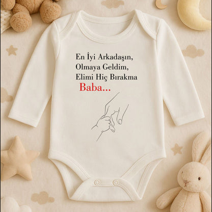 “Baba…” Yazılı Minimal El Ele Baskılı Bebek Zıbını | 1–36 Ay, DTF Baskı