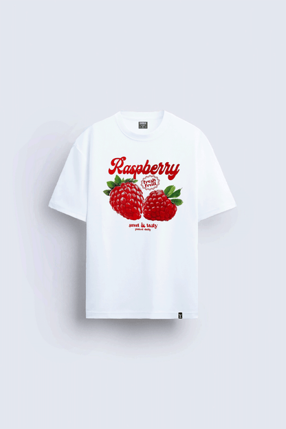 raspberry ahududu baskılı oversize beyaz tişört